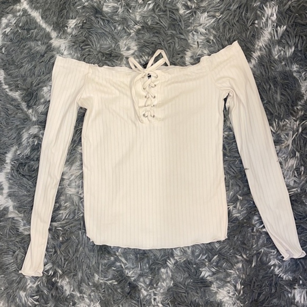 WOMENS S OFF THE SHOULDER RIBBED WHITE LONG SLEEVE